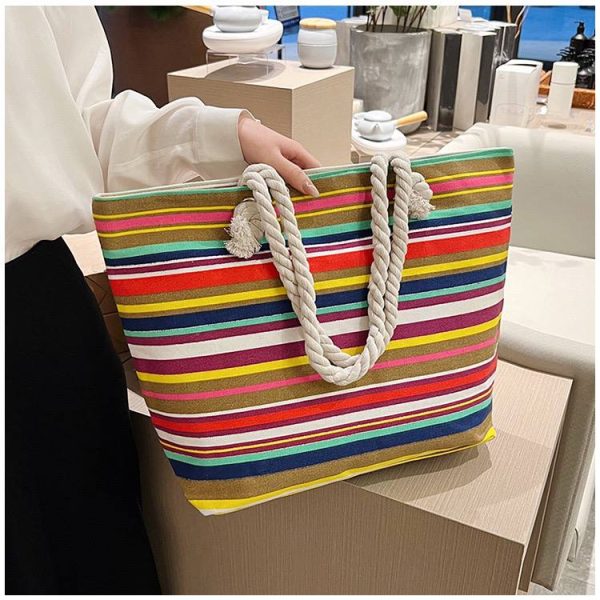 Striped Canvas Beach Tote Bag